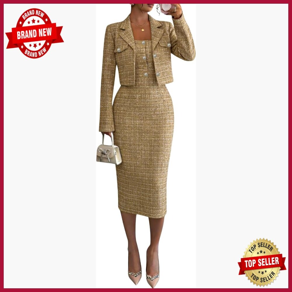 Plaid Cropped Blazer and Sleeveless Midi Dress 2-Piece Suit Set